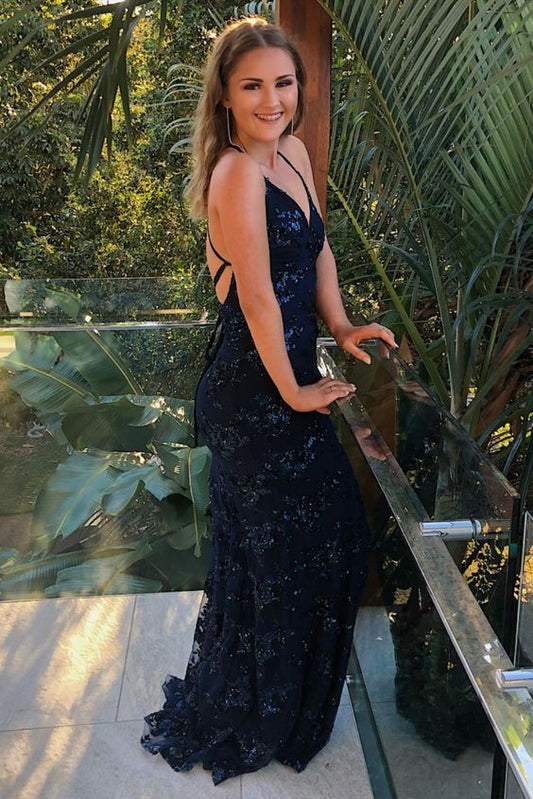 elegant mermaid navy blue sequined long prom dress with lace up back    cg17911