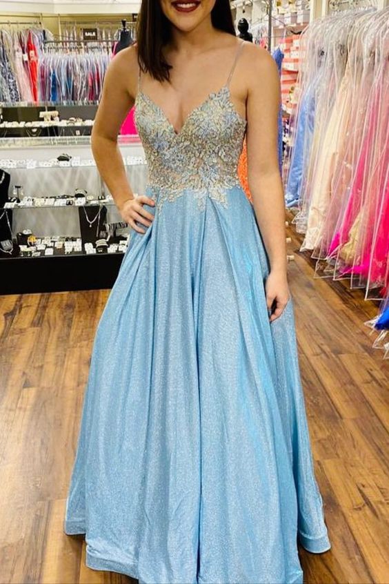 Princess Blue Long Prom Dress with Spaghetti Straps and lace up back    cg17912