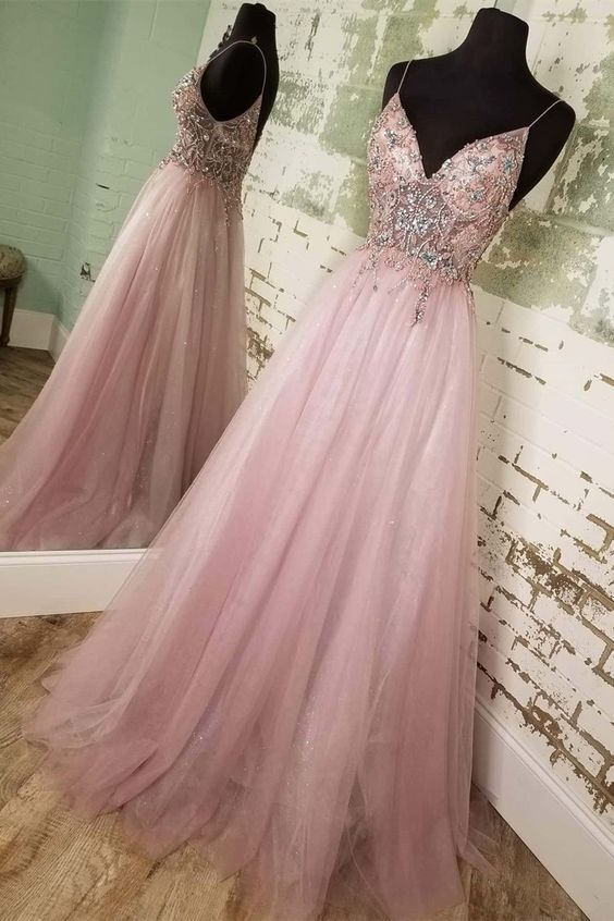 beaded A-line blush tulle long prom dress with spaghetti straps    cg17916