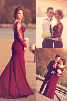 mermaid burgundy long formal dress prom dress with long sleeves   cg17925