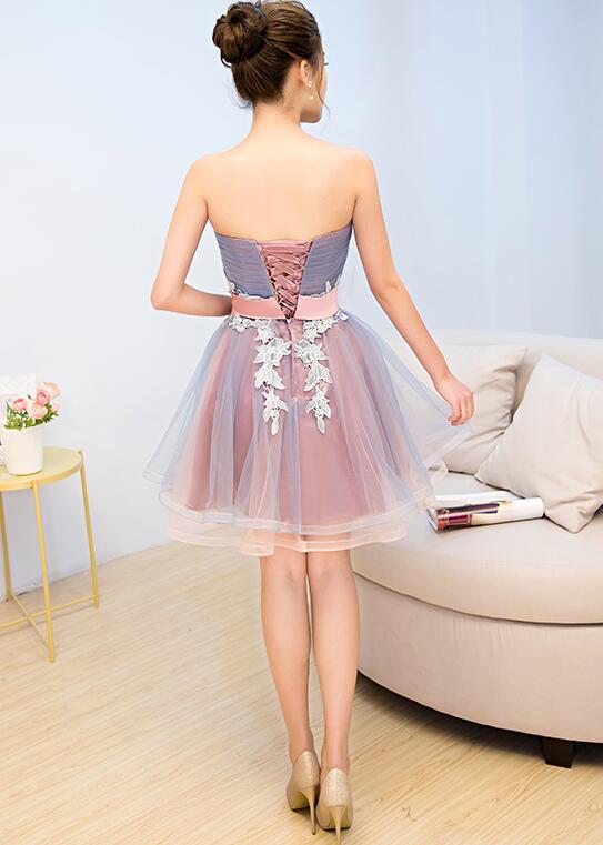 Cute Blue And Pink Knee Length Homecoming Dress With Belt, Lovely Party Dresses cg1793