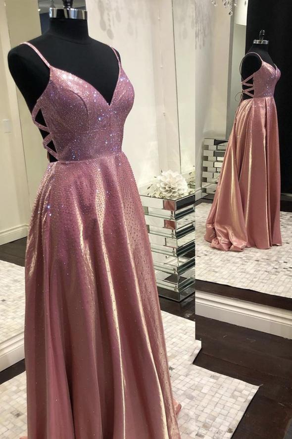 A line v neck beads prom dress shiny evening dress    cg17939