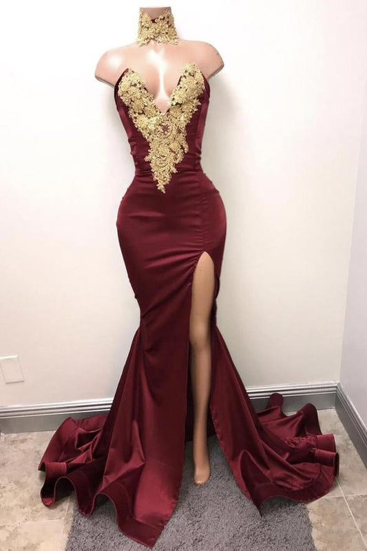 Burgundy lace long prom dress mermaid evening dress    cg17958