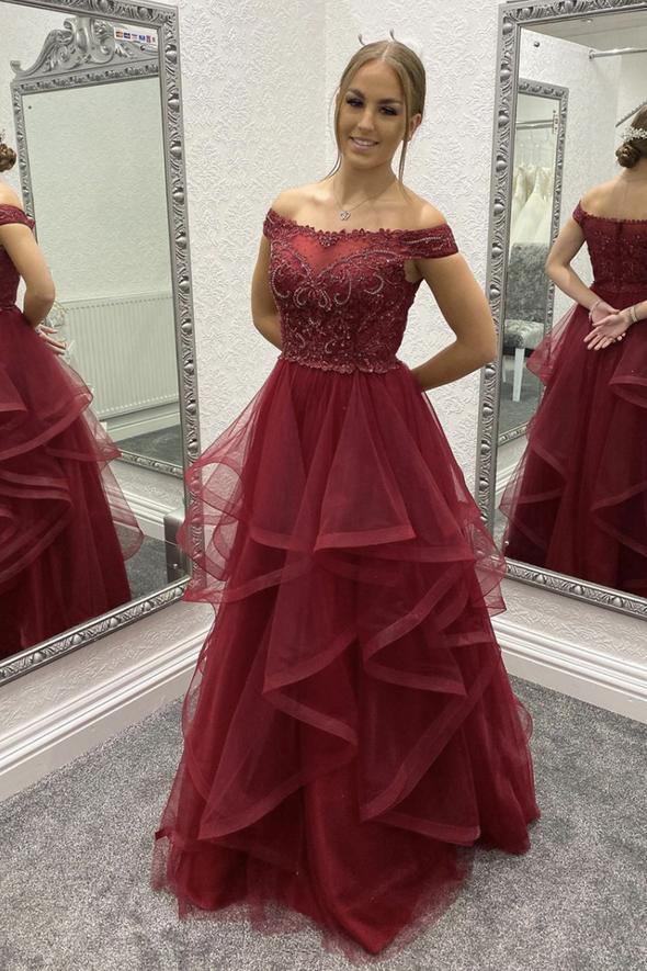 Burgundy lace long prom dress A line evening dress    cg17959