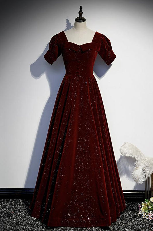 Burgundy velvet long prom dress simple evening dress    cg17962