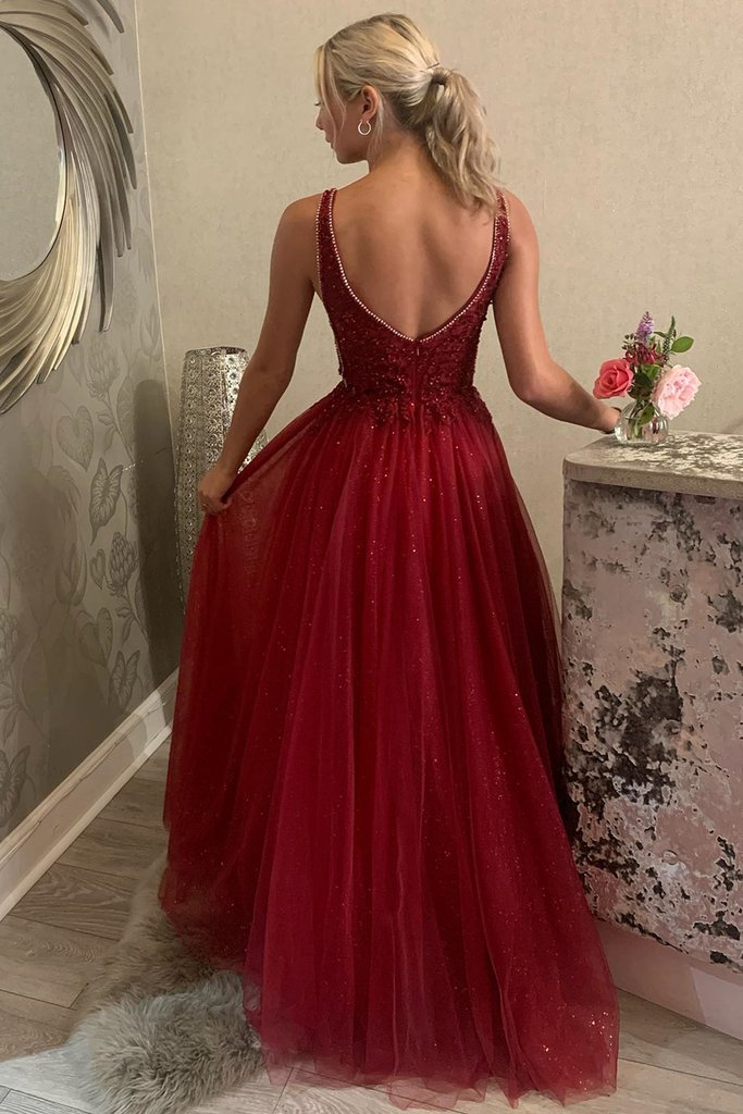 Shiny V Neck Backless Burgundy Lace Long Prom Dress   cg17989