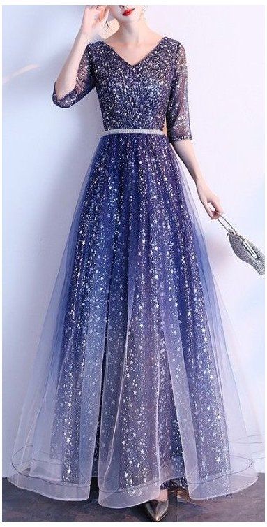 A-line Blue Shiny Gown fashion Prom Dress    cg18013