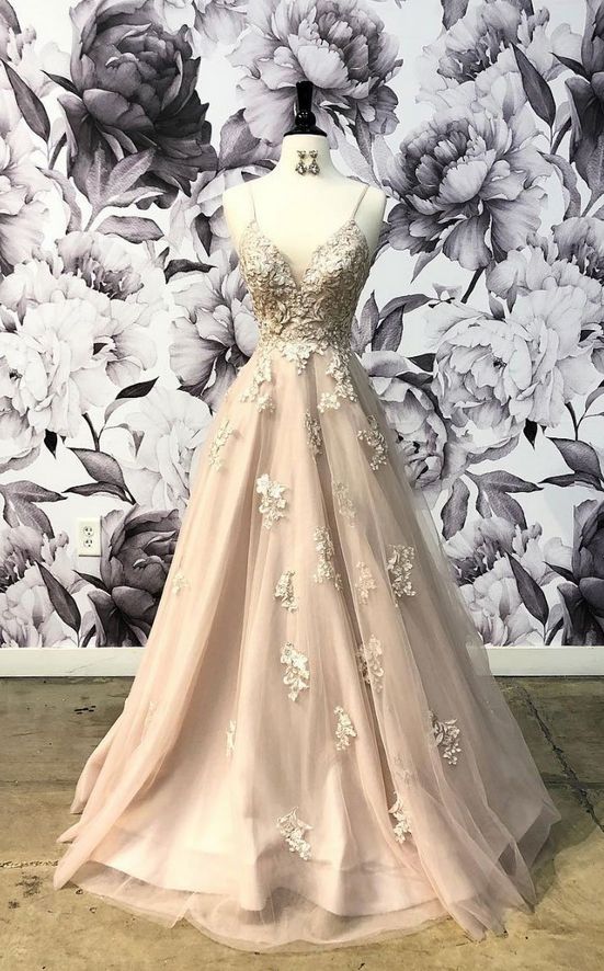 champagne v neck tulle lace long prom dress, champagne evening dress   cg18018