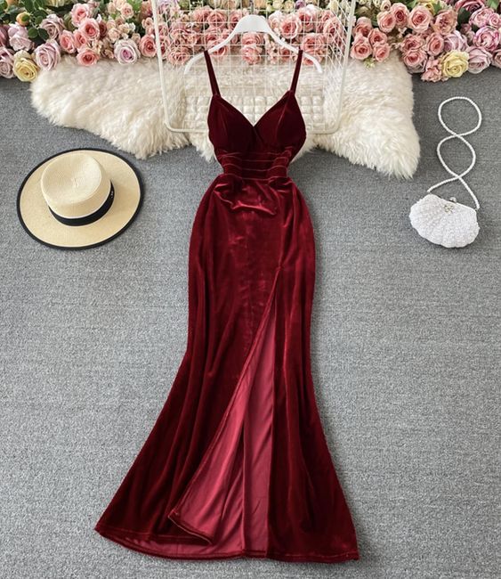 Burgundy velvet long dress prom dress evening dress   cg18019