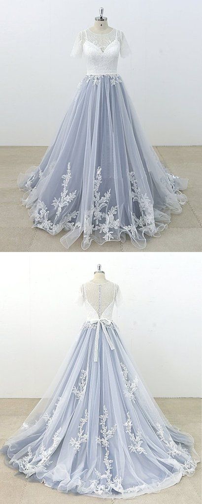 Blue Gray Tulle Ivory Lace Short Sleeve Beach Wedding Dress, Long Pageant Prom Dress    cg18034