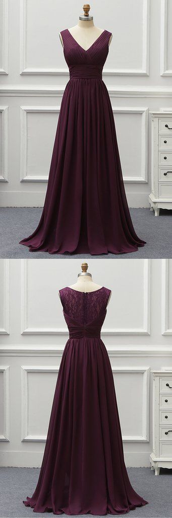 Deep Red Chiffon V Neck Long Lace Prom Dress, Evening Dress   cg18035