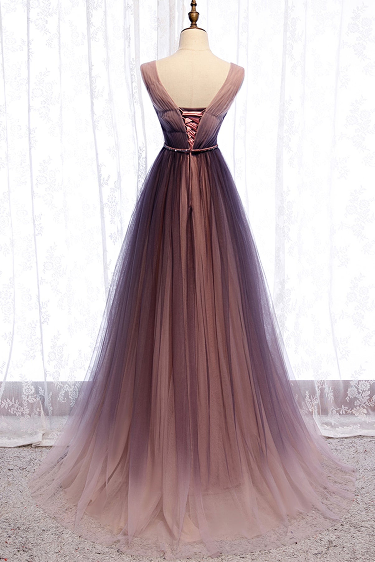 CUTE V NECK TULLE LONG PROM DRESS A LINE EVENING DRESS    cg18036