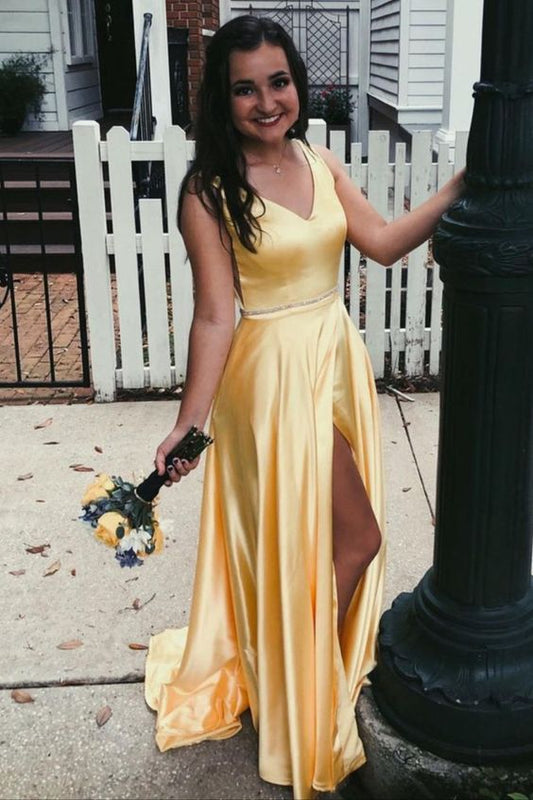 simple A-line yellow long formal prom dress with slit    cg18041