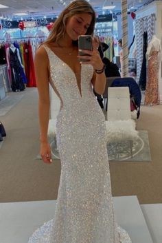 mermaid white sequined long formal dress evening dress prom gown    cg18044