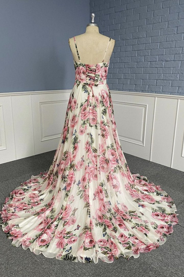 Stylish v neck floral pattern prom dress A line evening dress    cg18049