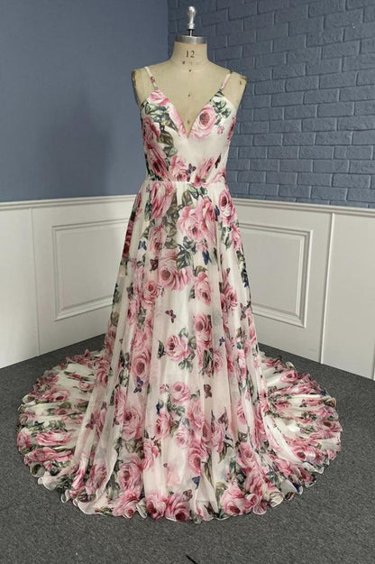 Stylish v neck floral pattern prom dress A line evening dress    cg18049