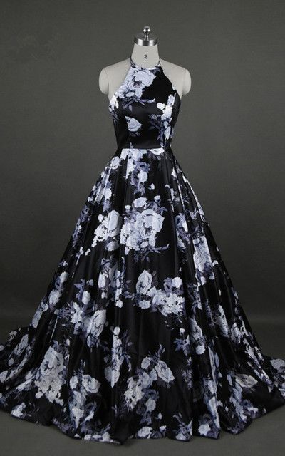 Black Floral Print Sleeveless Floor Length Ball Gown Long Prom Dress cg1806