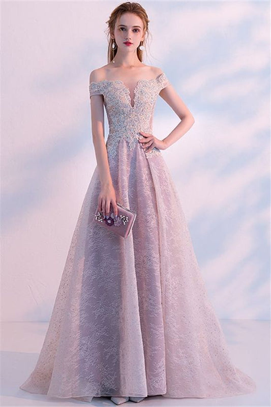 A-Line Off-the-Shoulder Appliques Beading Lace Evening prom Dress   cg18087