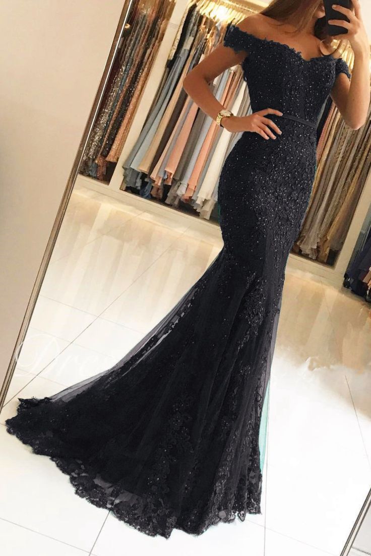 Elegant Black Lace Mermaid Prom Dresses   cg18104
