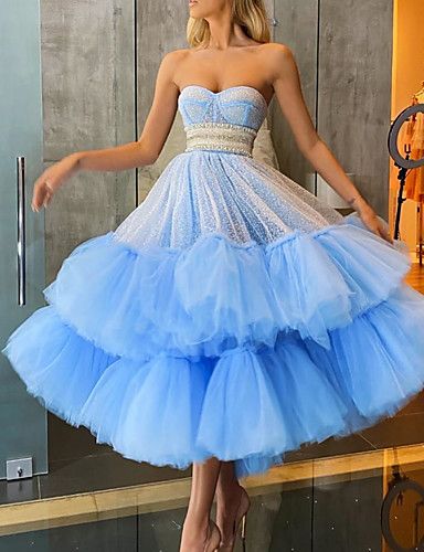 A-Line Glittering Luxurious Engagement Prom Dress Sweetheart Neckline Sleeveless Ankle Length Tulle with Tier   cg18131