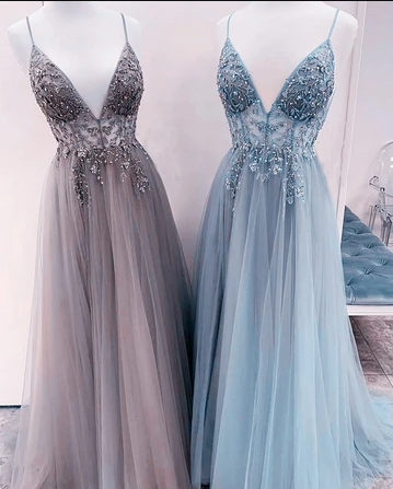 TULLE PROM DRESSES EMBROIDERY BEADED V NECK SPLIT   cg18134