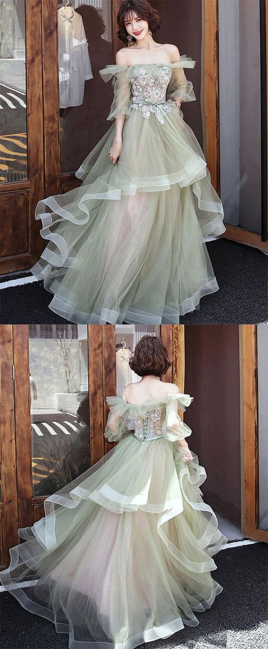 Green tulle lace long prom dress, green tulle evening dress   cg18135