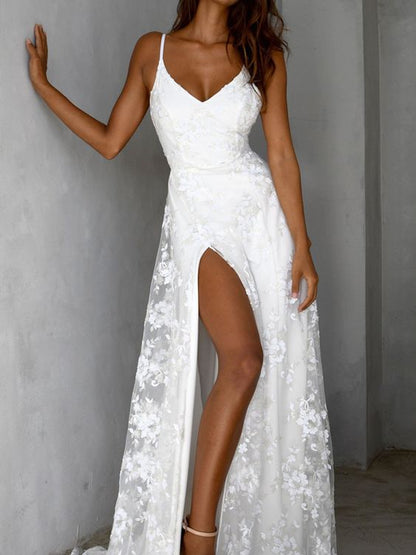 White V-neck Split Front Lace Cami Maxi prom Dress   cg18136