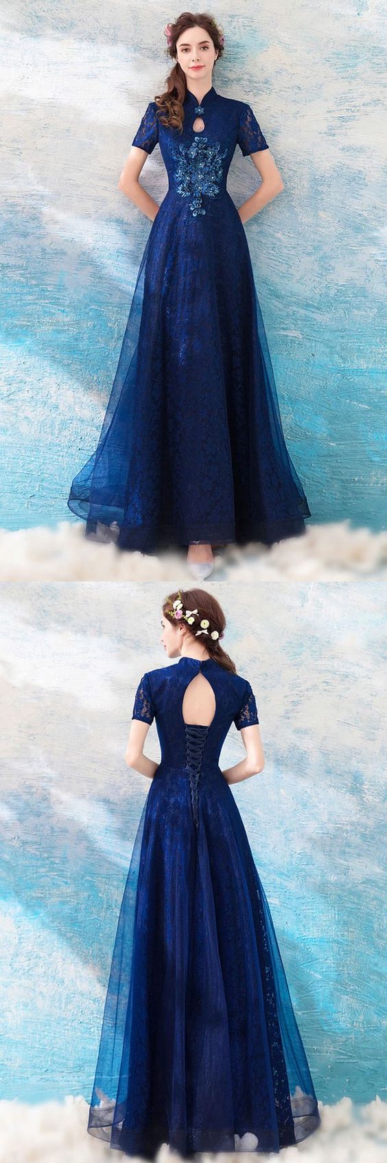 Elegant Navy Blue A Line Tulle Formal prom Party Dress With Short Sleeves cg1814