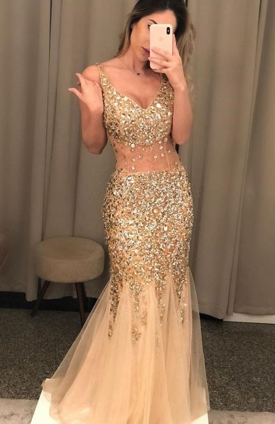 Sexy Mermaid Prom Dress Champagne Gold Evening Gown   cg18152