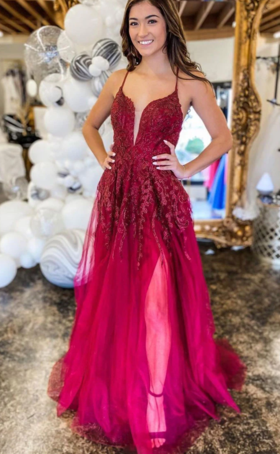 Burgundy v neck tulle lace long prom dress burgundy evening dress   cg18156