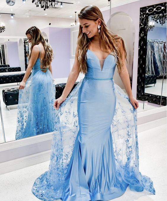Blue satin lace long prom dress,mermaid prom dress   cg18166