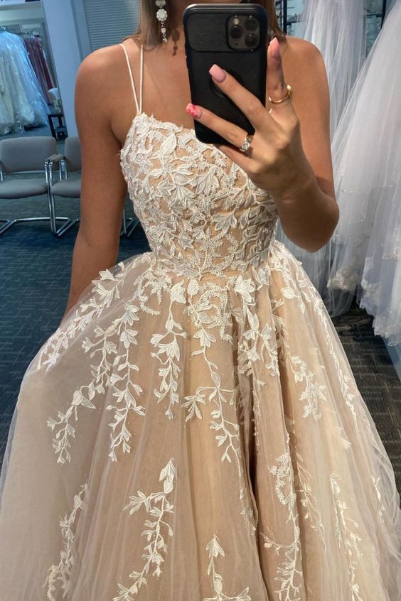 A-line ivory lace appliqued long prom dress with double straps   cg18183