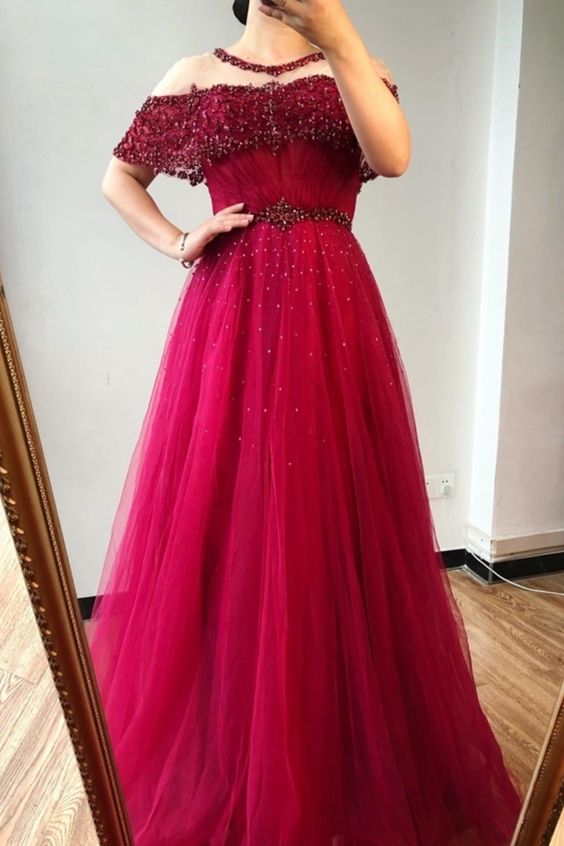 A-line red tulle long evening dress formal dress prom dress   cg18186