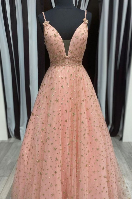 2021 A-line blush and gold stars long formal dress prom dress for graduation   cg18189