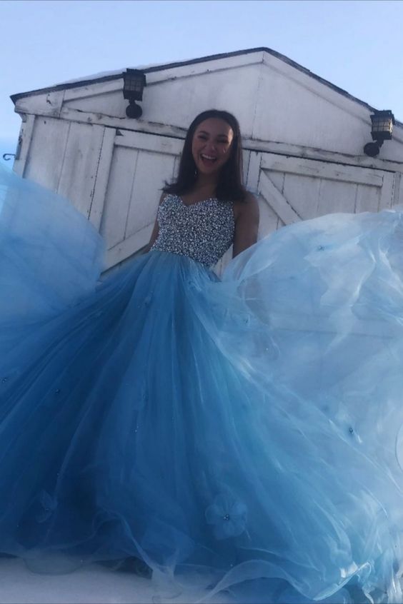 Sky Blue Tulle Long Prom Dress with Crystal   cg18197