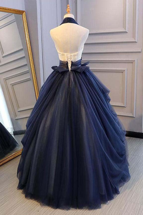 Ball Gown Blue Tulle Lace Long Prom Dresses Deep V Neck Backless Evening Dresses  cg1820