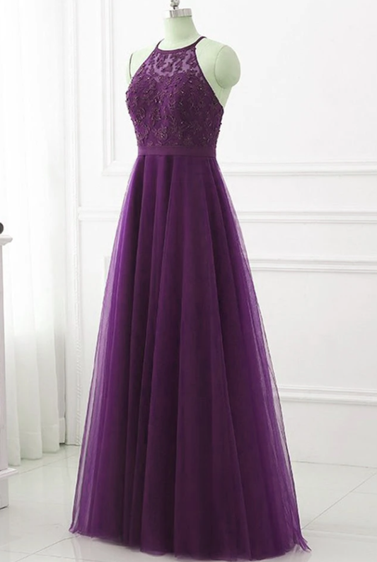 Purple Halter Tulle With Lace Applique Long Prom Dress, A-Line Floor Length Party Dress   cg18202