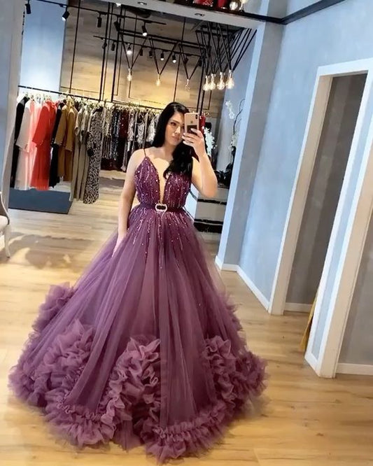 Purple Tulle Prom Dress Lace Appliques Women Party Dress   cg18225