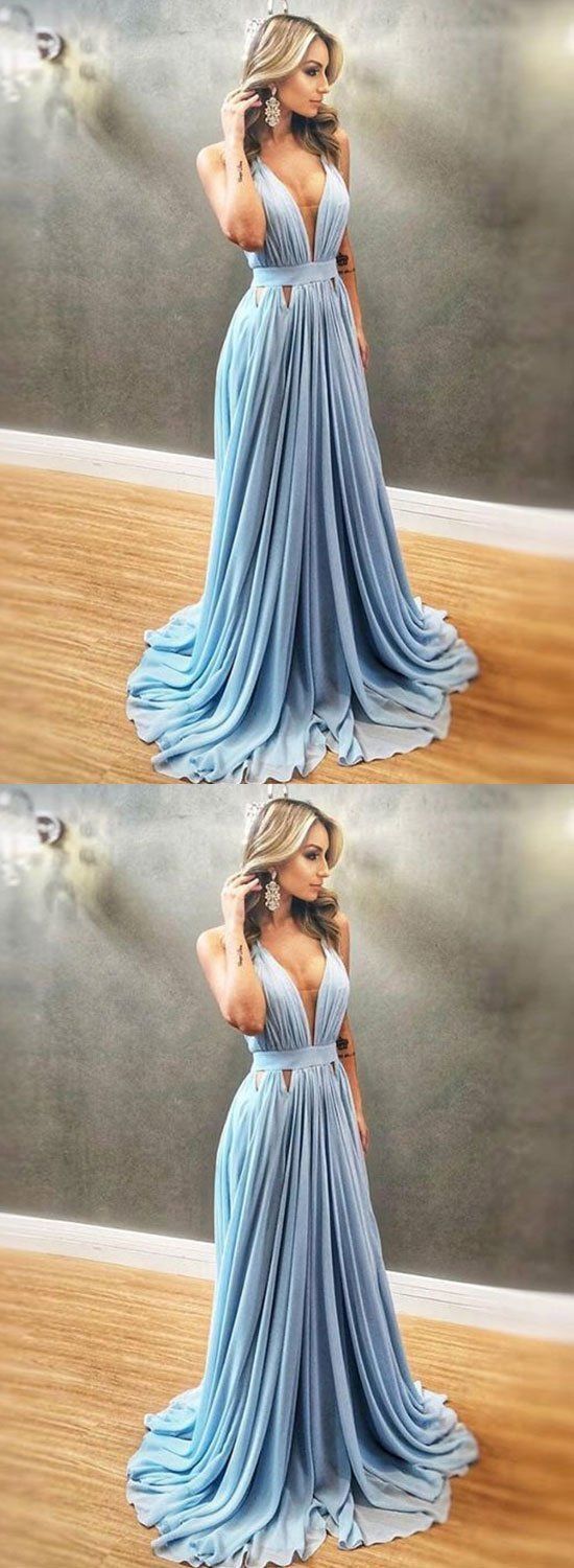 Simple blue chiffon v neck long prom dress, blue evening dress   cg1825
