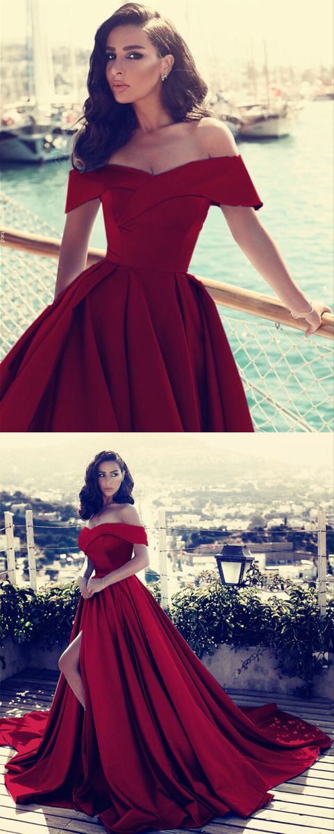 elegant burgundy formal satin off the shoulder prom evening gown dresses with side split   cg18254