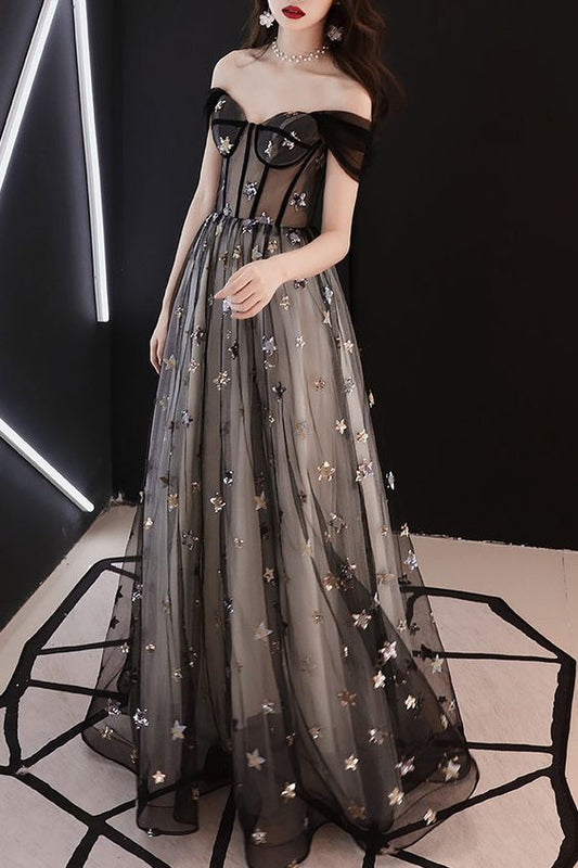 off the shouler black long formal dress with gold and silver stars prom dress   cg18261