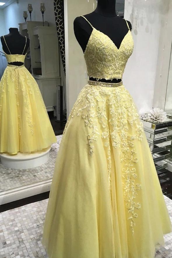 Yellow lace long A line prom dress two pieces evening dress   cg18266