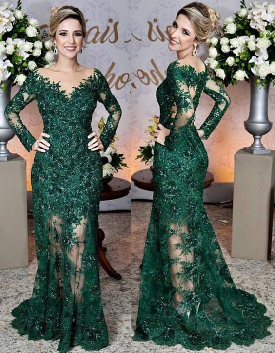 Long Sleeves Lace Mermaid Prom Dresses See Through Evening Gowns   cg18283