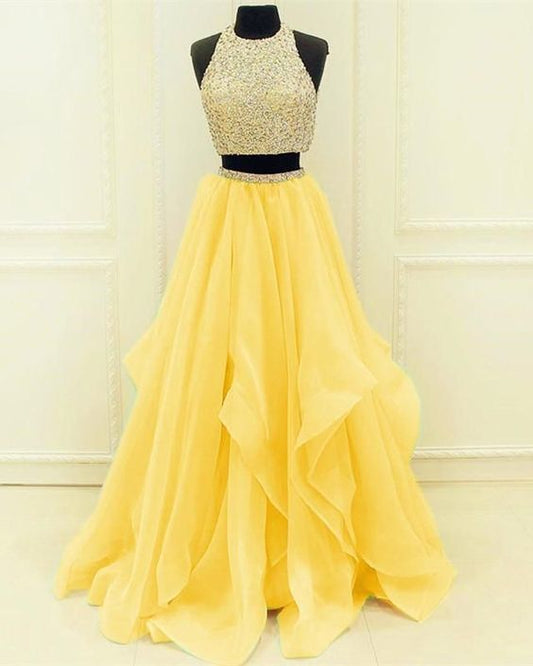 Sequined Beaded Top Organza Layered Prom Dresses Two Piece   cg18286