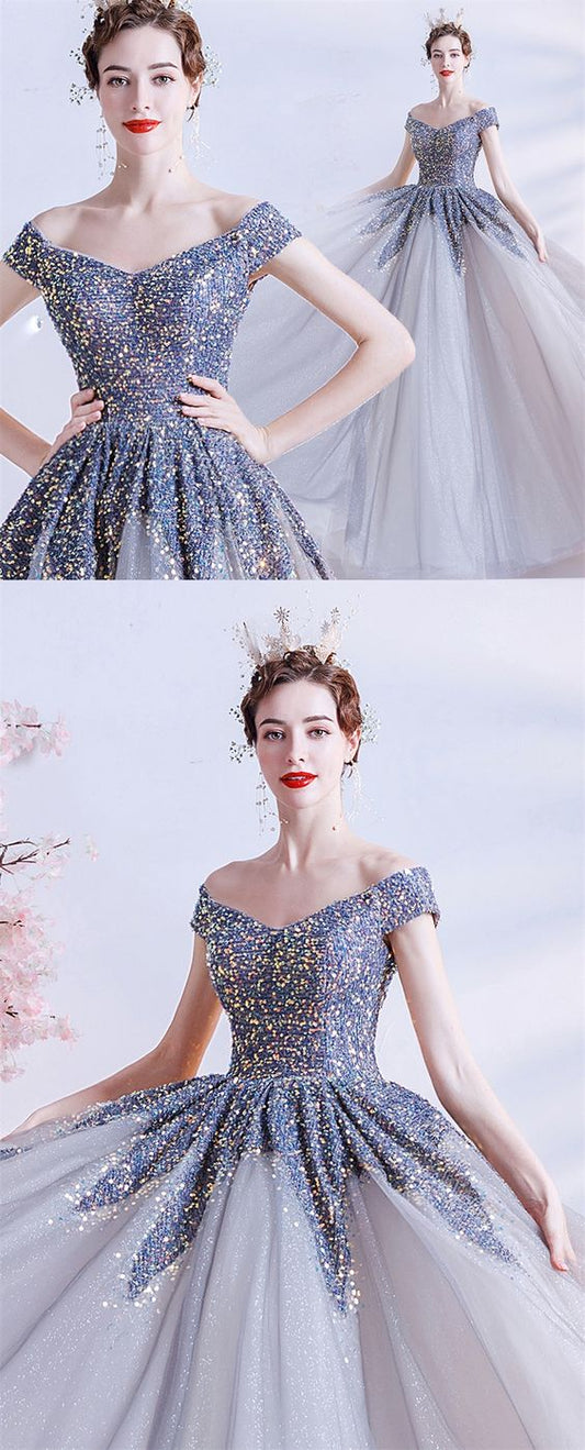 off the shoulder grey sequins long ball gown prom dress 2021   cg18293