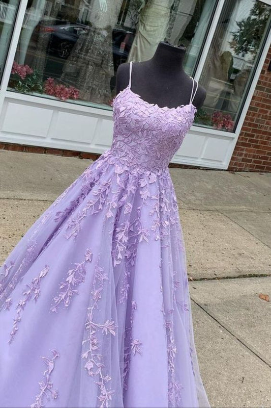 A-line lavender lace appliqued long prom dress formal gown    cg18299