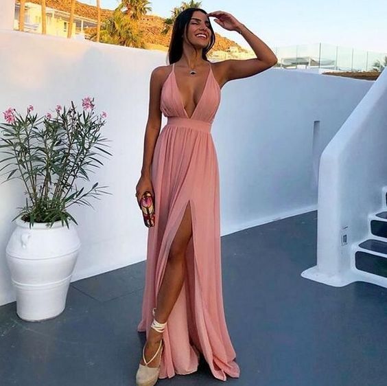 Sexy Deep V Neck Pink Chiffon Prom Party Dress with Split and Criss Cross Back cg1832