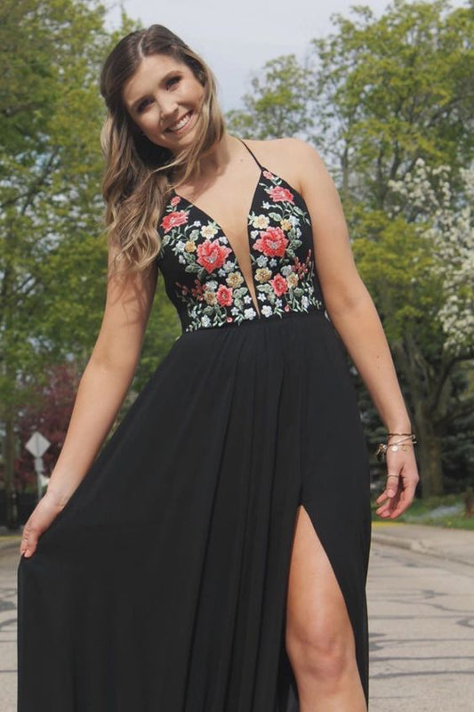 Black Long Prom Dress with Floral Embroidery   cg18328