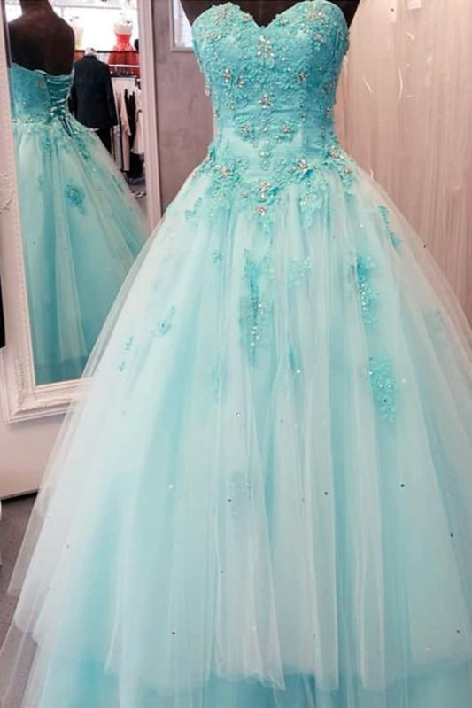 Elegant Cinderella Blue Quinceanera prom Dresses Sweetheart Appliques Beaded Princess Ball Gown Tulle Floor Length   cg18331