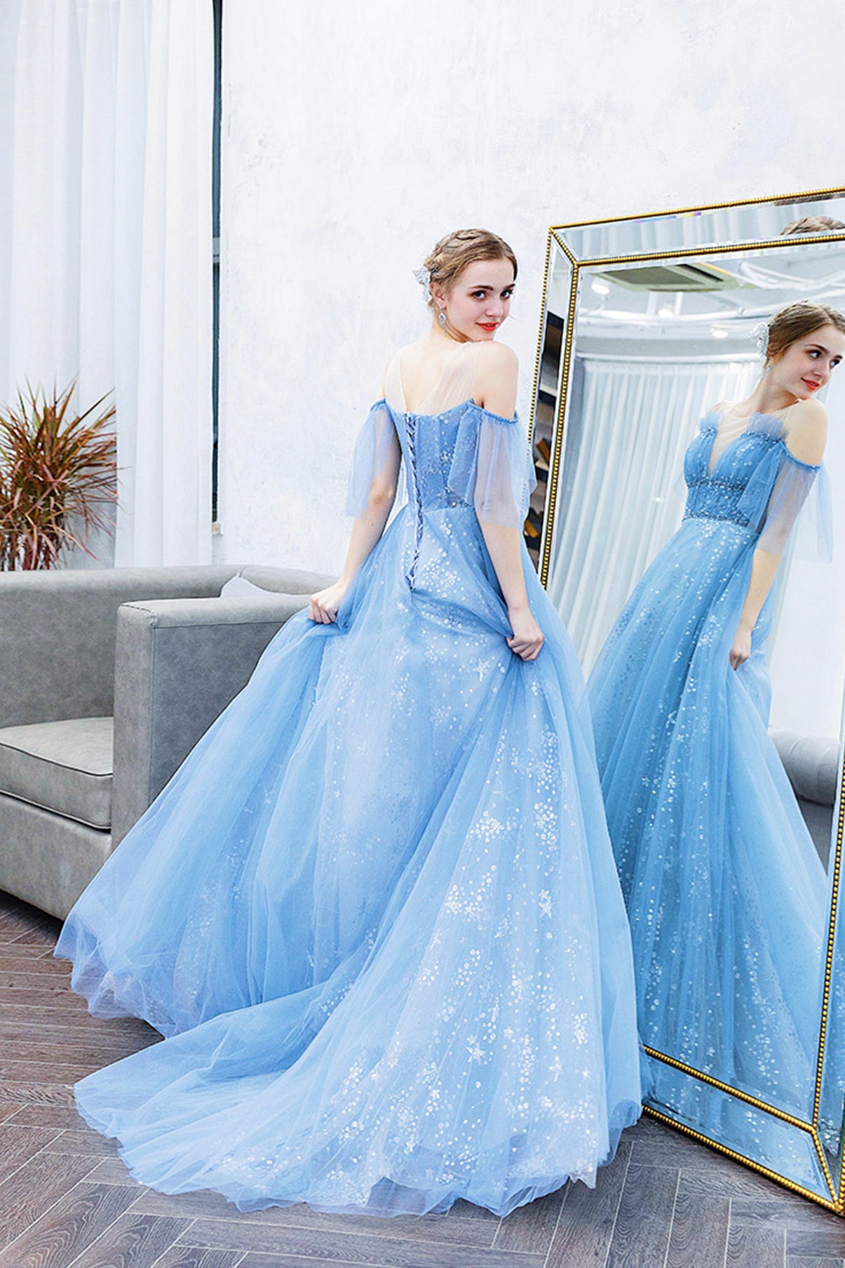 BLUE TULLE SEQUINS LONG PROM DRESS A LINE EVENING DRESS    cg18336